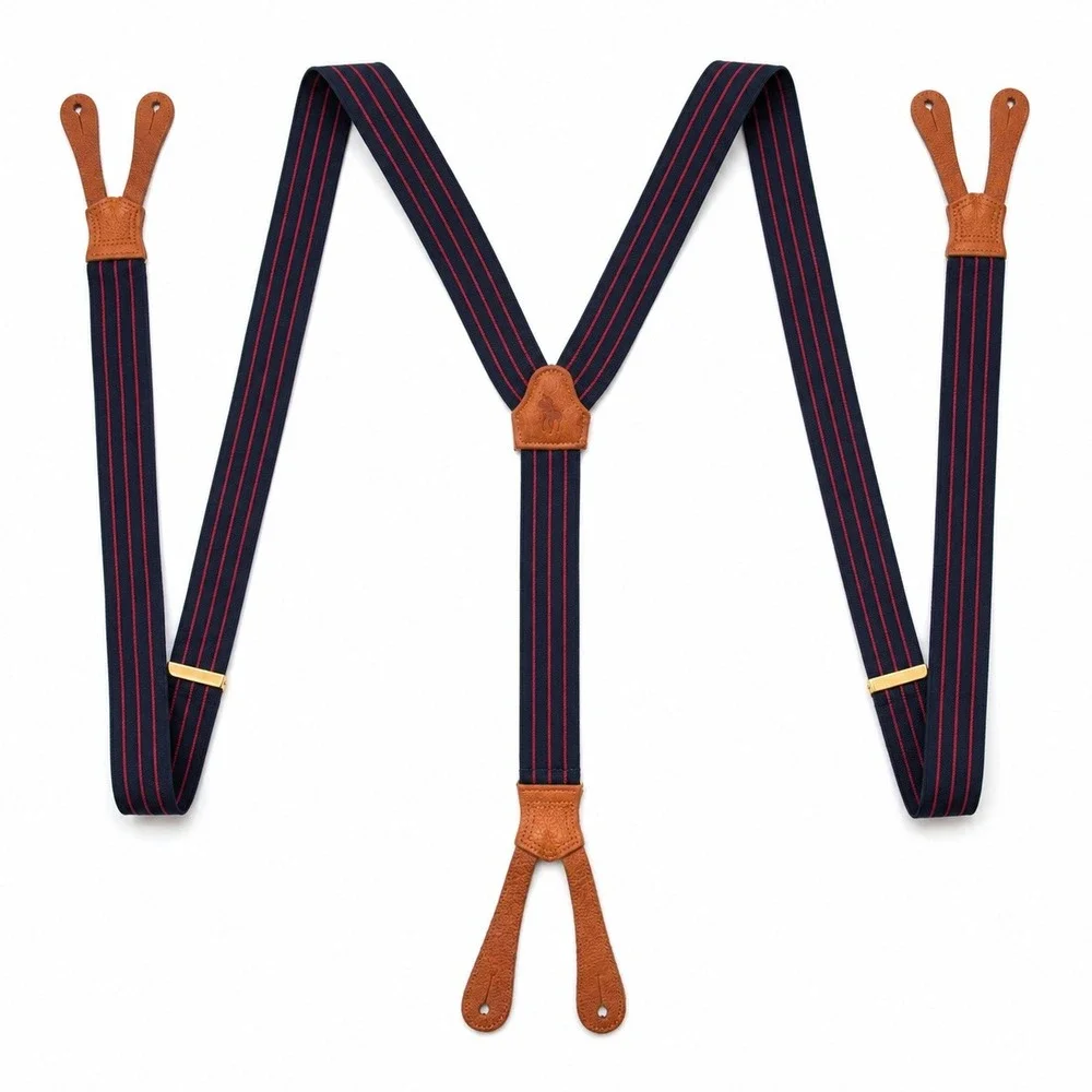 Polo Ralph Lauren Suspenders Men OS Navy Red Striped Leather Button End Braces